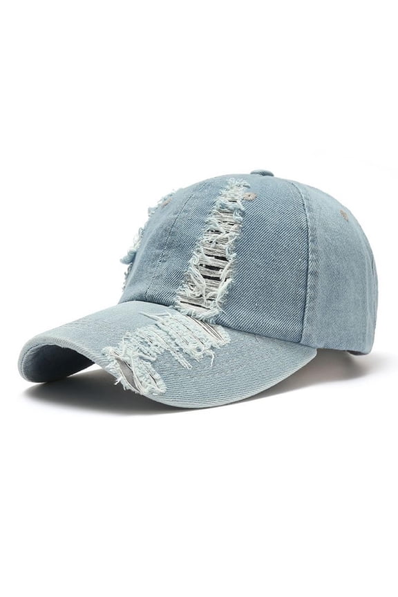 Men's Washed Distressed Denim Baseball Cap, Frayed Retro Adjustable Sun Hat Outdoor Street Wear Light Blue