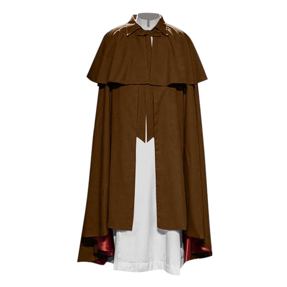 UTSJKR Mens Double‑Layer Medieval Full‑Length Cape, Lapel Collar with Bow Tie Cloak, Vintage Robe for Wizard Cosplay, Church Performance and Halloween Events Brown M