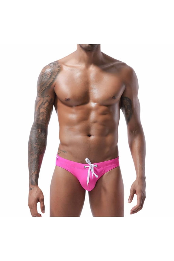 Mens Drawstring Thong Swimsuit Bulge Pouch Bikini Swimwear Adjustable Board Surf Short Briefs Surf Trunks Swim Tangas Pink M
