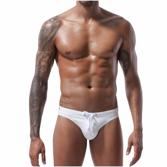 UTSJKR Mens Drawstring Thong Swimsuit Bulge Pouch Bikini Swimwear Adjustable Board Surf Short Briefs Surf Trunks Swim Tangas White XL