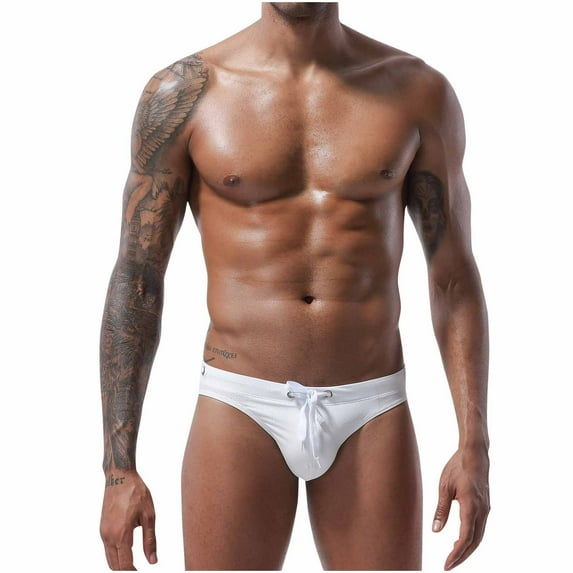UTSJKR Mens Drawstring Thong Swimsuit Bulge Pouch Bikini Swimwear Adjustable Board Surf Short Briefs Surf Trunks Swim Tangas White XL