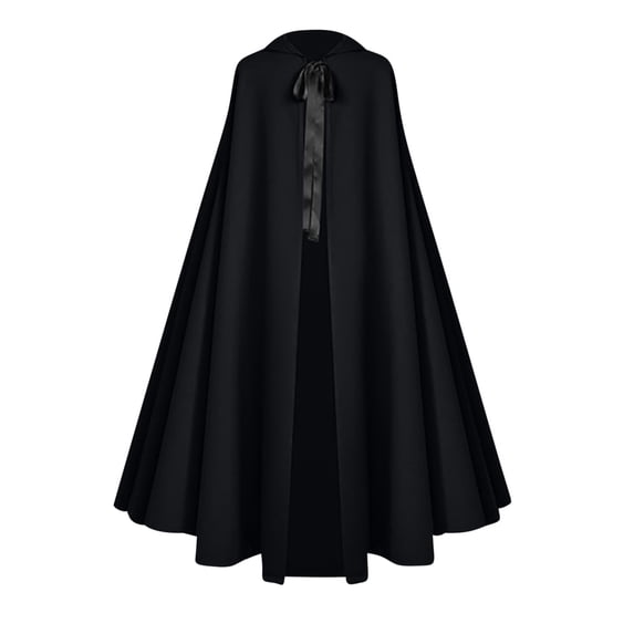 UTSJKR Mens Full Length Hooded Renaissance Cloak, Satin Ribbon Tie Cape Robe, Flowy Oversized Outer Garment for Medieval Cosplay and Festival Dress‑Up Black M