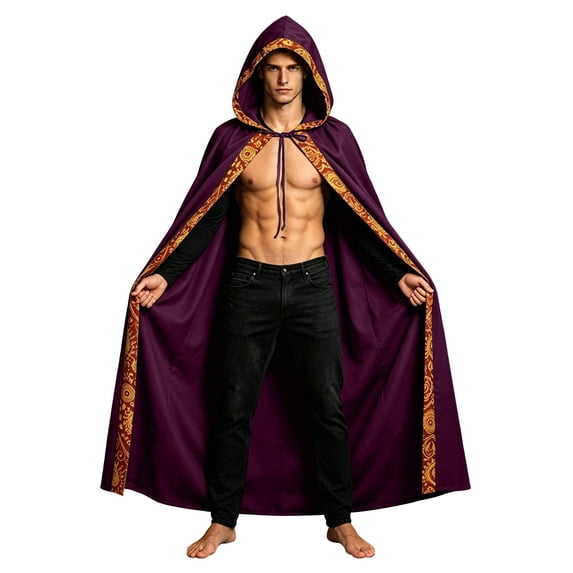 UTSJKR Mens Hooded Full‑Length Cape Cloak with Ornate Printed Trim for Wizard Witch Halloween Cosplay Renaissance Festival Costume Outfit Purple