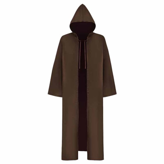 UTSJKR Mens Hooded Wizard Robe Cloak, Drawstring Neck Mid‑Long Outer Coat, Open Front Loose Robe for Medieval Cosplay Halloween Party Dress‑Up Outfit Coffee XXL