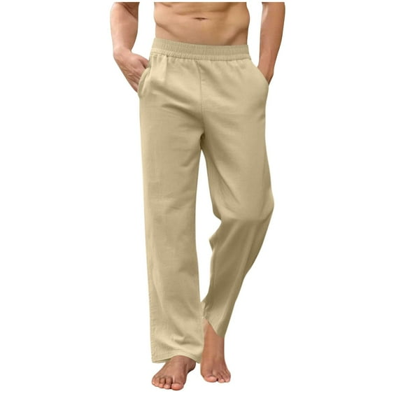 UTSJKR Mens Linen Pants Elastic Drawstring Waist Yoga Pants Travel Baggy Work Pant Pajama Lightweight Beach Trousers Khaki S