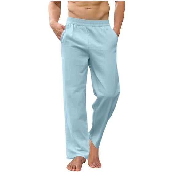 UTSJKR Mens Linen Pants Elastic Drawstring Waist Yoga Pants Travel Baggy Work Pant Pajama Lightweight Beach Trousers Light Blue XXXL