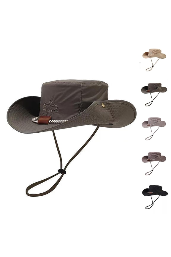 Mens Mountain Embroidery Wide Brim Bucket Hat with Packable Body for Spring Peak Hike Lake Shore Fishing Wilderness Meetup Breathable UV Shield Hat Gray