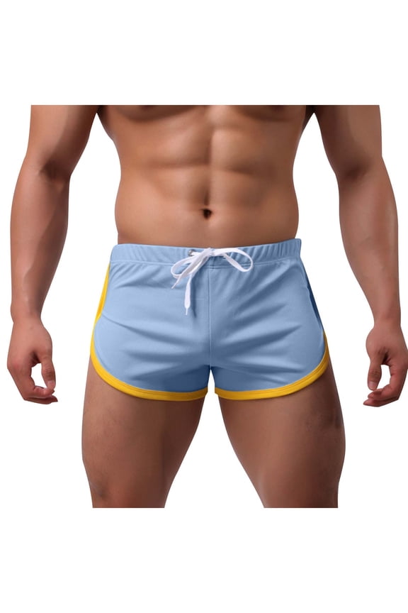 Mens Sexy Built-in Pouch Running Bodybuilding Workout Gym Athletic Shorts Surf Board Shorts Comfy Pouch Swim Briefs Square Leg Boxer Bottom Sky Blue L