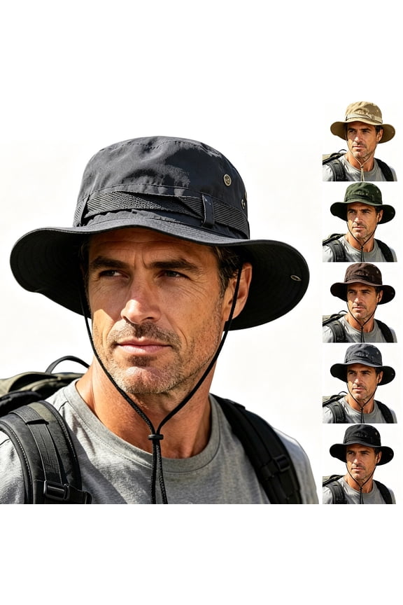Mens Strap Detail Wide Brim Fishing Bucket Hat with Foldable Crown for Spring Creek Angling Forest Trek Riverside Camping Wind Block Adjustable Outdoor Gear Dark Gray