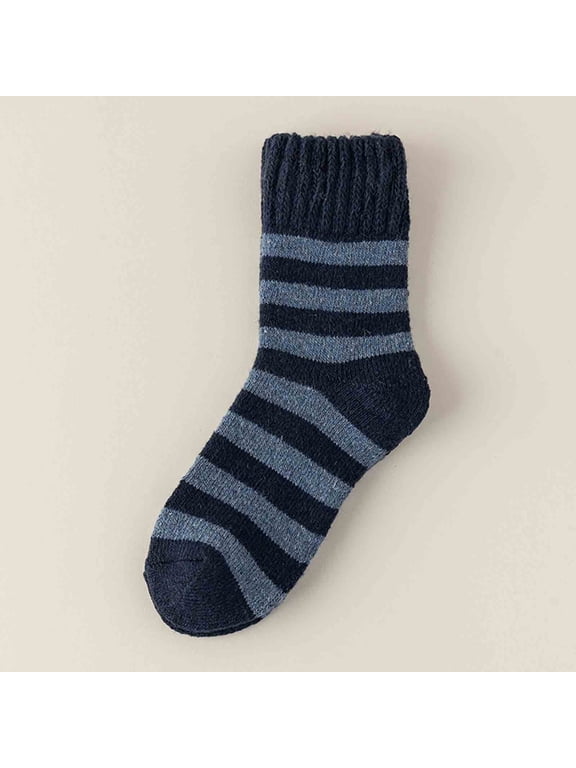 Mens Striped Wool Crew Socks, Thick Fleece Lined Warm Socks for Winter Sleeping Lounging and Cold Weather, 1 Pair