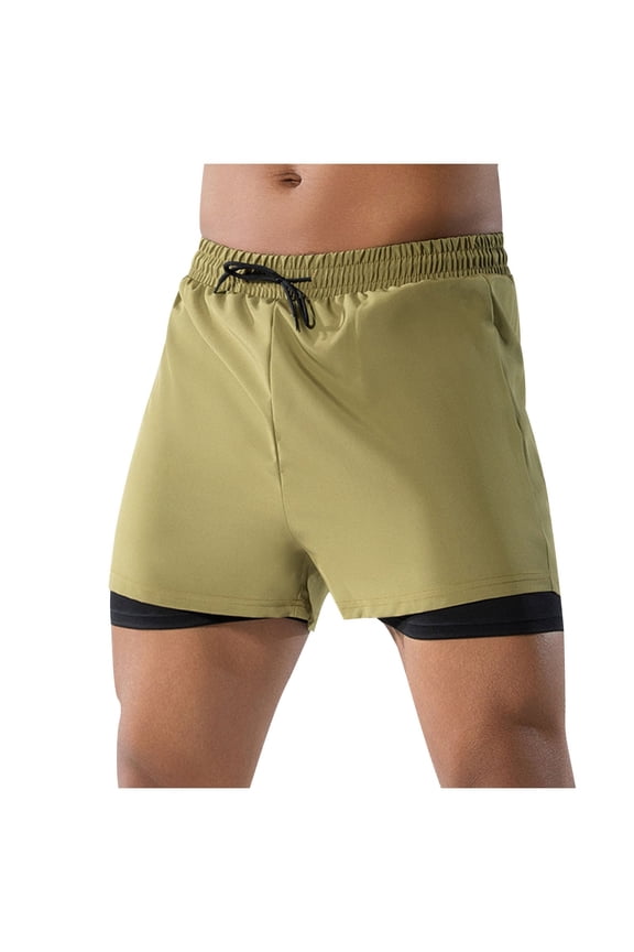 Mens Swim Shorts with Compression Liner Beach Swim Trunks Swimsuit Stretch Bathing Suit for Men Quick Dry Board Short Khaki M