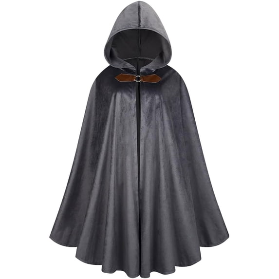 UTSJKR Mens Velvet Hooded Cape Cloak, Leather Buckle Closure Mid‑Length Robe, Loose Fit Outerwear for Wizard Witch Halloween Role‑Play Costume Events Gray XXXL