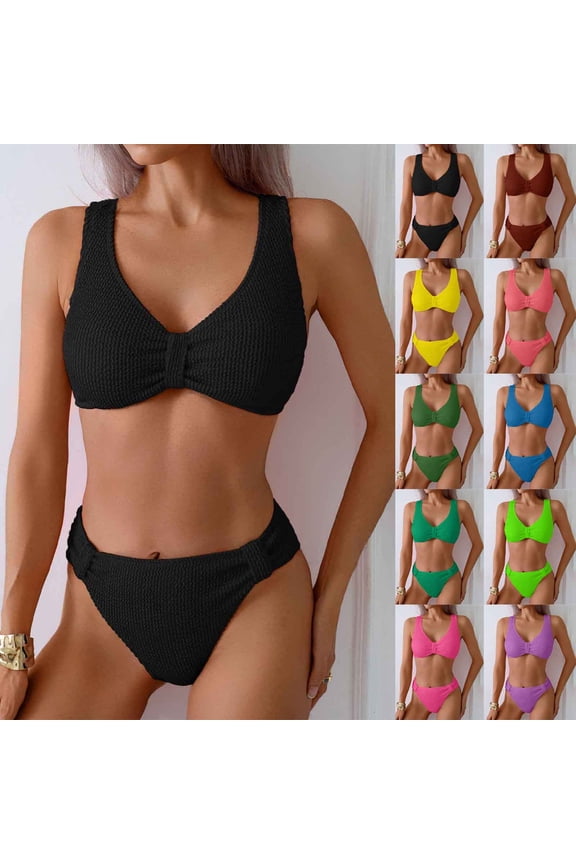 Mid Rise Bikini Sets for Women Trendy Two Piece Bathing Suits V Neck Ruched Padded Swimsuit Solid Color Swimwear Army Green XL