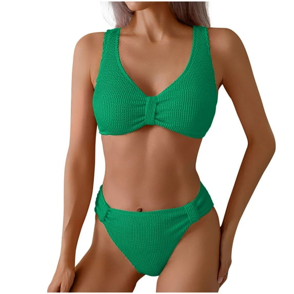 UTSJKR Mid Rise Bikini Sets for Women Trendy Two Piece Bathing Suits V Neck Ruched Padded Swimsuit Solid Color Swimwear Green L