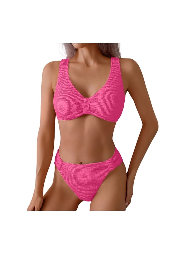 Mid Rise Bikini Sets for Women Trendy Two Piece Bathing Suits V Neck Ruched Padded Swimsuit Solid Color Swimwear Hot Pink L