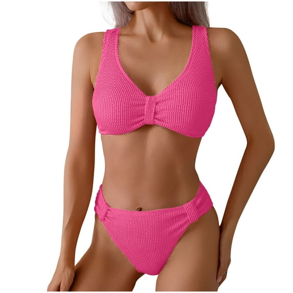 UTSJKR Mid Rise Bikini Sets for Women Trendy Two Piece Bathing Suits V Neck Ruched Padded Swimsuit Solid Color Swimwear Hot Pink M