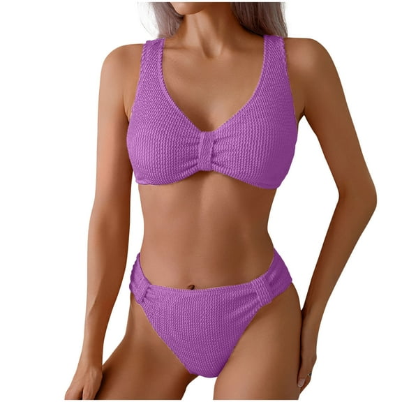 UTSJKR Mid Rise Bikini Sets for Women Trendy Two Piece Bathing Suits V Neck Ruched Padded Swimsuit Solid Color Swimwear Purple XL