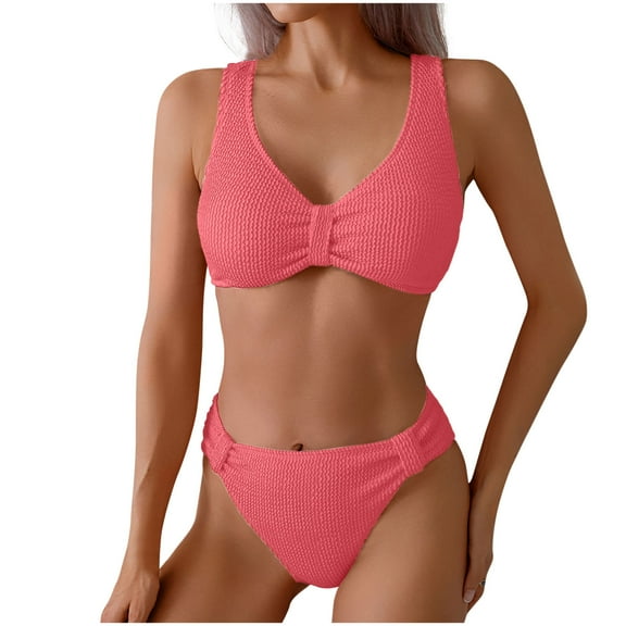 UTSJKR Mid Rise Bikini Sets for Women Trendy Two Piece Bathing Suits V Neck Ruched Padded Swimsuit Solid Color Swimwear Watermelon Red XL
