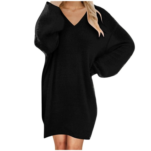 UTSJKR Midi Sweaters for Women Fall Fuzzy Long Sleeve V Neck Sweater Dresses Fashion Cozy Pullover Casual Date Night Outfit Black XL