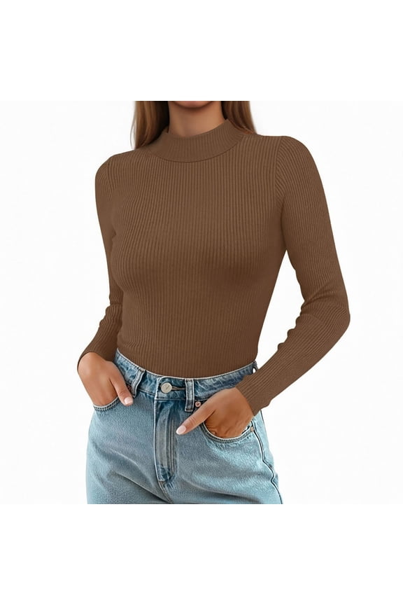 Mock Turtle Necks Tops for Women Long Sleeve Ribbed Shirts Thermal Slim Fit Lightweight Undershirts Brown M
