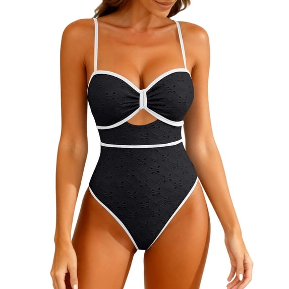 UTSJKR One Piece Boho Swimsuits for Women High Waisted Tummy Control Bodysuit Cutout Teddy Swim Suit Vintage Bathing Suit Black L