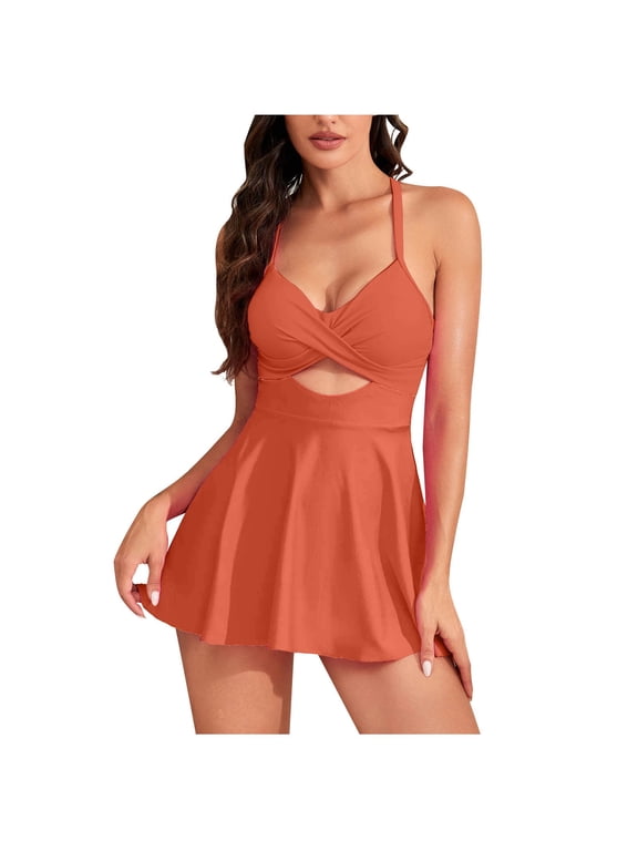One Piece Swimdress Swimsuits for Women with Skirt Cutout Tummy Control Bathing Suit Wrap Swim Dresses Swimwear Watermelon Red M