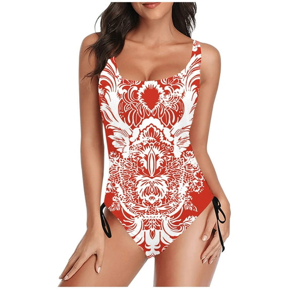 UTSJKR One Piece Swimsuit Women 2025 Vintage Tummy Control One Piece Bathing Suits V Neck Vintage Floral Print Swimwear Red 12
