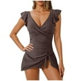 thumbnail image 1 of UTSJKR One Piece Swimsuit Women Tummy Control Modest Slimming Bathing Suit Wrap V Neck Ruffle Swimdress Beach Skirt Swimwear Coffee S, 1 of 5
