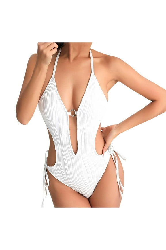 One Piece Swimsuit for Women Halter Deep V Neck Side Tie Bathing Suit Tummy Control High Cut Monokini Swimwear Black White 4-6