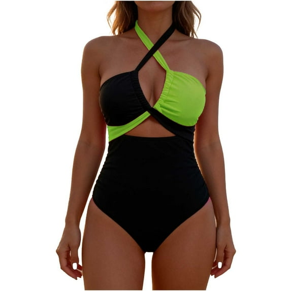 UTSJKR One Piece Swimsuit for Women Halter Front Cross Swimwear High Waisted Bathing Suits Tummy Control Swimsuits Army Green XL
