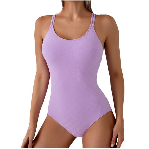 UTSJKR One Piece Swimsuit for Women Scoop Neck Swimwear Textured Double Straps Bathing Suit Sexy Backless Strap Bikini Swimsuit Purple XXL
