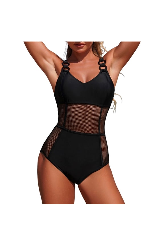 One Piece Swimsuit for Women Sexy Sheer Mesh Patchwork Bathing Suit See Through Slimming Swimwear Black S