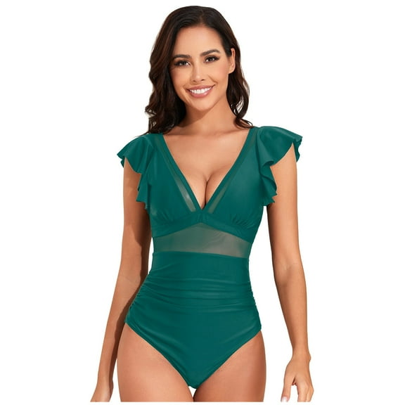 UTSJKR One Piece Swimsuit for Women Tummy Control Bathing Suit Sexy Mesh V Neck Slimming Swimwear 2025 Summer Fashion Green 4-6