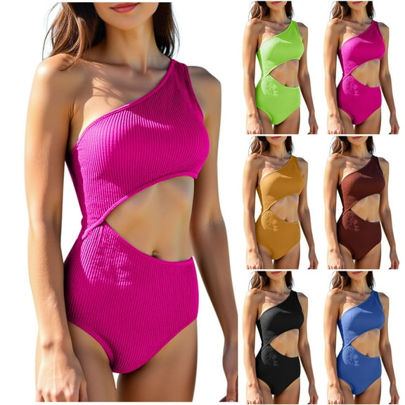 UTSJKR One Shoulder Bathing Suit for Women One Piece Sexy Cutout Swimsuit Slimming Ribbed Swimwear 2025 Monokini Brown S