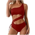 thumbnail image 1 of UTSJKR One Shoulder Cut Out Swimsuit Women Sexy Monokinis Cheeky Ribbed One Piece Bathing Suit Drawstring Cutout Swimwear Red L, 1 of 7