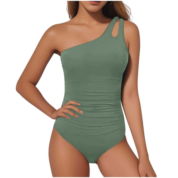 UTSJKR One Shoulder One Piece Swimsuit for Women Tummy Control Bathing Suits Modest Full Coverage Keyhole Swimwear Green S