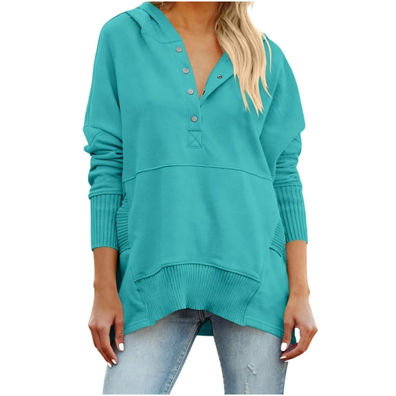 UTSJKR Oversized Hoodies for Women Thick Half Button V Neck Long Sleeve Sweatshirts Ribbed Pullover with Pockets Light Blue XXL