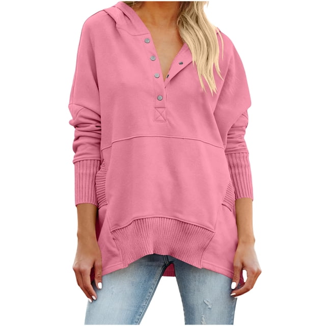 UTSJKR Oversized Hoodies for Women Thick Half Button V Neck Long Sleeve Sweatshirts Ribbed Pullover with Pockets Pink XXL