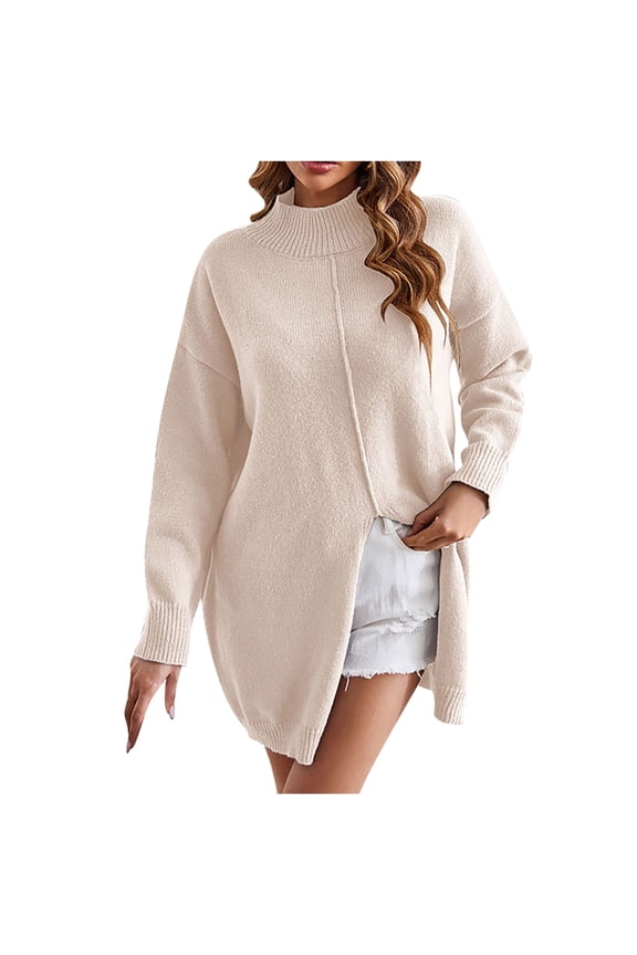 Oversized Sweaters for Women Classic Solid Turtle Neck Tunic Pullover Tops Casual Loose Fit Side Split Knit Jumper Long Sleeve Fall Sweaters 2024 Fashion Clothing Khaki L