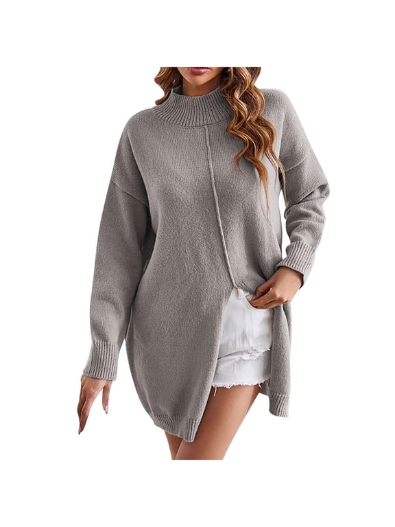 Oversized Sweaters for Women Classic Solid Turtle Neck Tunic Pullover Tops Casual Loose Fit Side Split Knit Jumper Long Sleeve Fall Sweaters 2024 Fashion Clothing Gray L