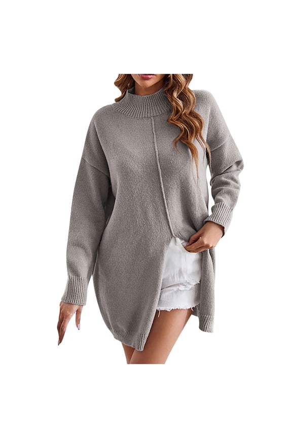 Oversized Sweaters for Women Classic Solid Turtle Neck Tunic Pullover Tops Casual Loose Fit Side Split Knit Jumper Long Sleeve Fall Sweaters 2024 Fashion Clothing Gray L