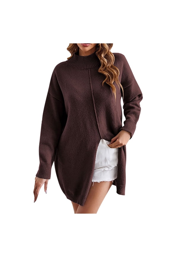 Oversized Sweaters for Women Classic Solid Turtle Neck Tunic Pullover Tops Casual Loose Fit Side Split Knit Jumper Long Sleeve Fall Sweaters 2024 Fashion Clothing Wine L