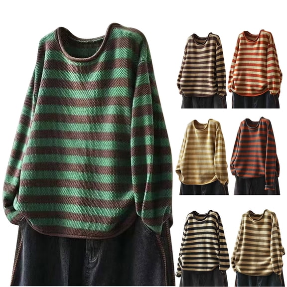 UTSJKR Oversized Sweaters for Women Crewneck Long Sleeve Knit Pullover Fashion Stripe Color Block Knitwear Loose Ladies Jumper Yellow S