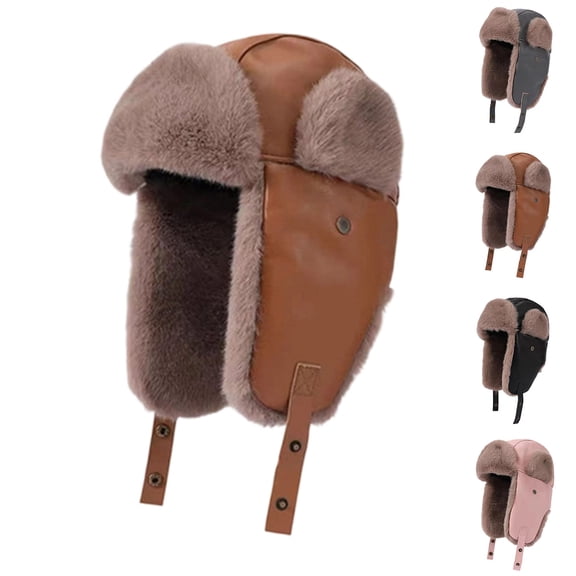 UTSJKR PU Leather Trapper Hat with Faux Fur Lining Warm Trendy Hat - Durable Stylish Winter Headwear for Skiing Hunting Black