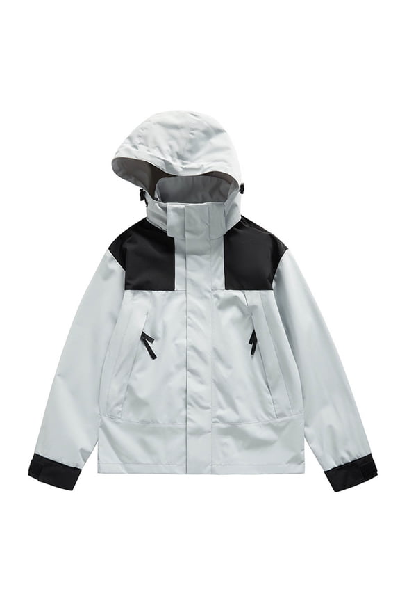 Packable Rain Jacket for Women Drawstring Long Sleeve Waterproof Hooded Raincoat Lightweight Color Block Windbreaker Gray S