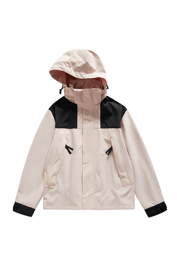 Packable Rain Jacket for Women Drawstring Long Sleeve Waterproof Hooded Raincoat Lightweight Color Block Windbreaker Pink XXL