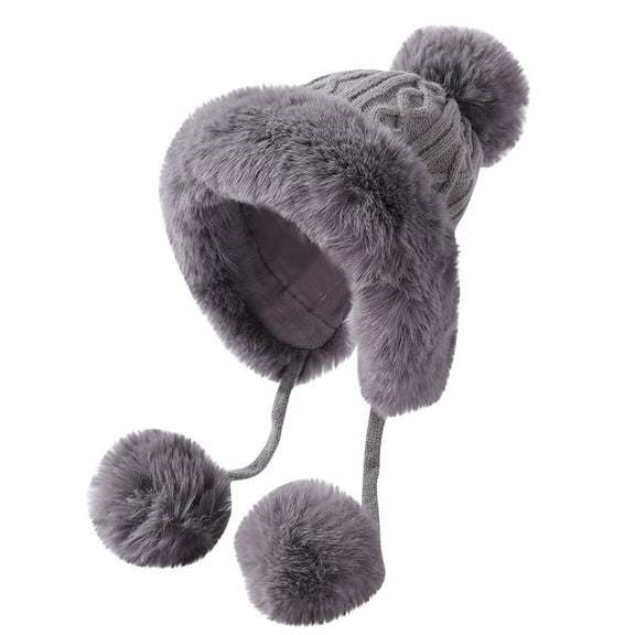 UTSJKR Peicees Womens Fur Hats with Pompom for Winter Warm Knit Beanie Skull Cap Russian Ushanka Trapper Hat with Ear Cover Gray
