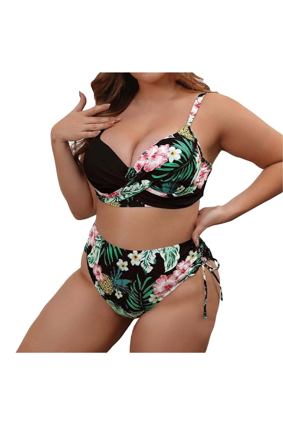 Plus Size Floral Bikini Sets Big Bust Swim High Waisted Swimsuits Two Piece Bathing Suits Tummy Control Swimwear Black L