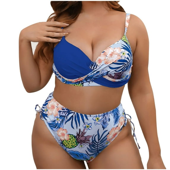 UTSJKR Plus Size Floral Bikini Sets Big Bust Swim High Waisted Swimsuits Two Piece Bathing Suits Tummy Control Swimwear Blue XXL