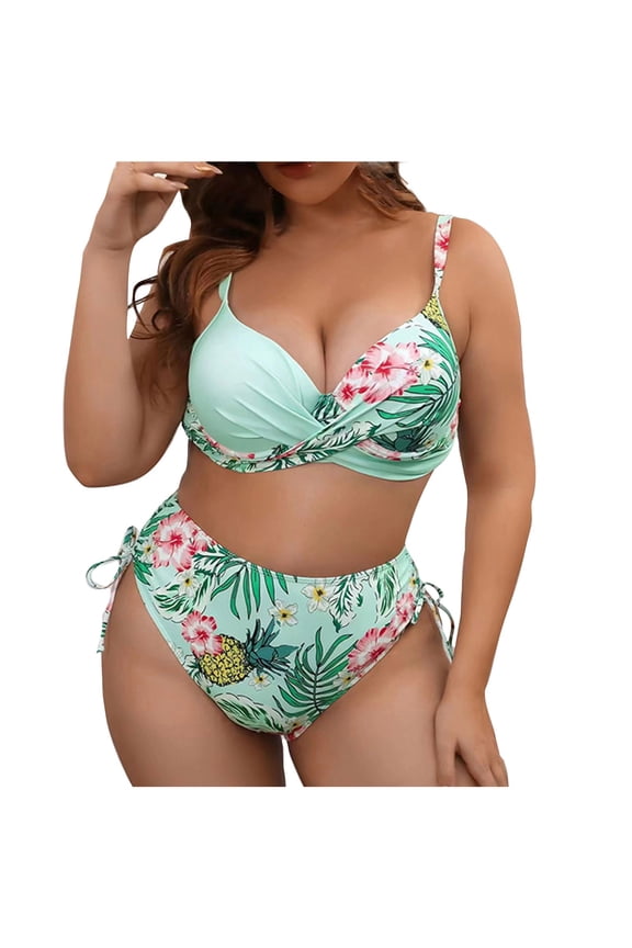 Plus Size Floral Bikini Sets Big Bust Swim High Waisted Swimsuits Two Piece Bathing Suits Tummy Control Swimwear Green L